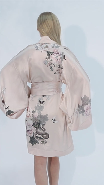 Silk Kimono Dressing Gown Pink | Fleur Japonaise