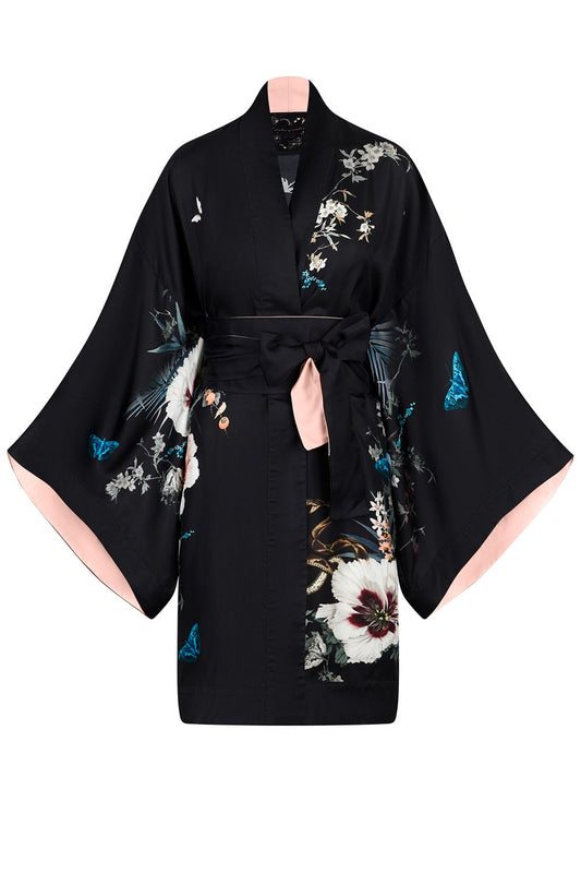 Pure Silk Kimono | Black | Luxury Dressing Gown | Helen Loveday | Garden of Dreams