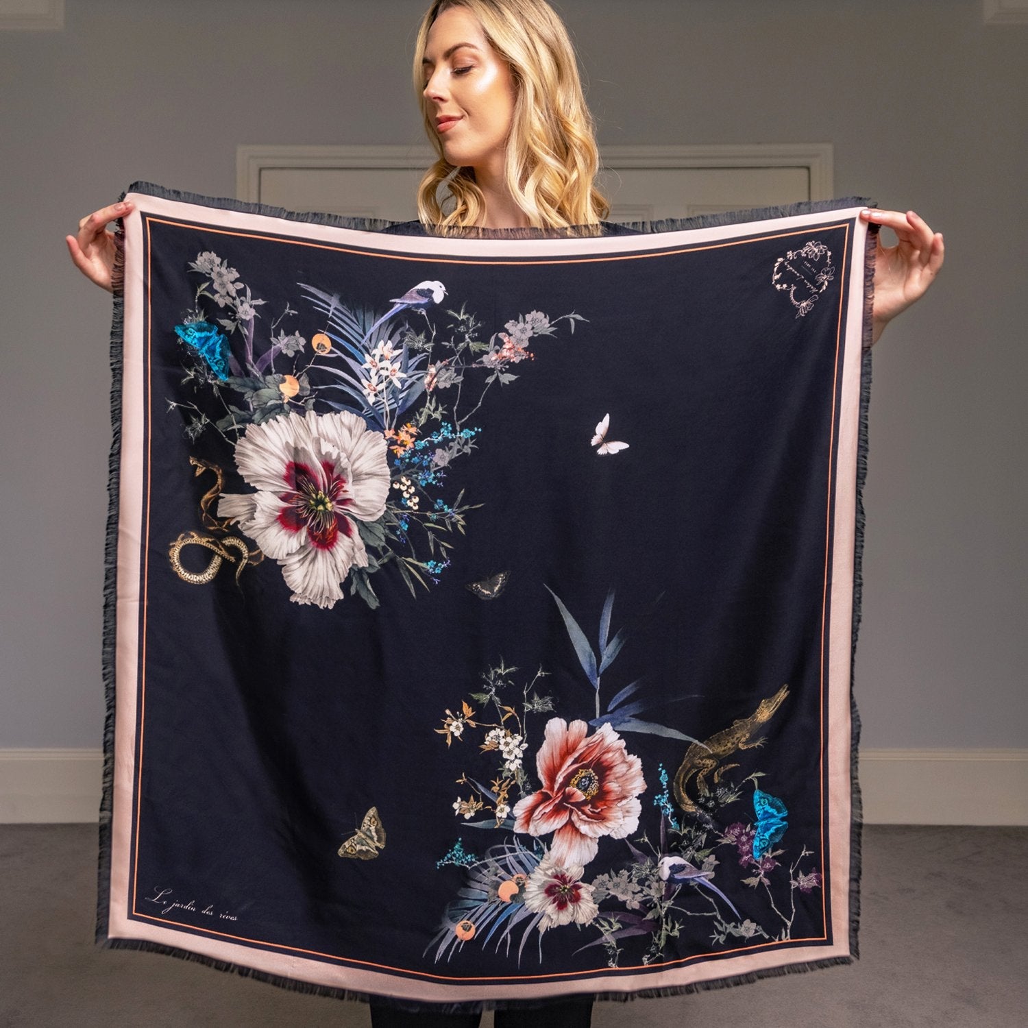 Silk Scarf | Black | Garden of Dreams Oversize silk modal scarf from Helen Loveday for 65